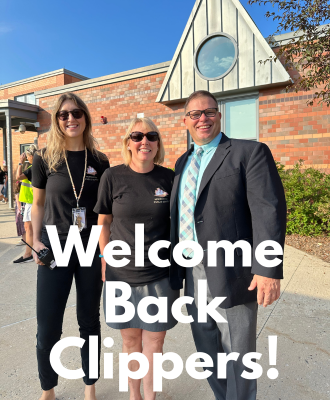  Principal Sokolowski, Ms. Ames and Superintendent Gallagher pose in front of school